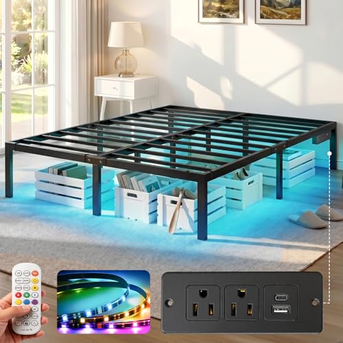FURRIFIC Base Cama Matrimonial con Lámpara LED RGB Inteligente–2 Puertos USB + 2 Enchufes de CA, Control por App y Remoto, Espacio de Almacenamiento Debajo de la Cama, Marco Resistente