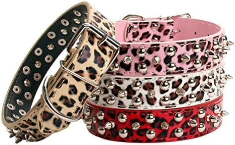 Aolove Mushrooms Spiked Rivet Studded Metals Buckle D-ring Adjustable Leopard Leather Pet Collars for Medium Large Dogs (Large (Neck 16.5-20.5''), Gold)