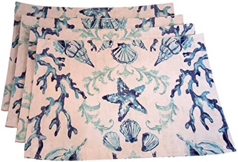 Printed Place Mats - Nautical Themes - Set of 4 (Blues - Sea Shells, Coral, Starfish)
