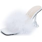LIURUIJIA Women's Feather High Heeled Mules Slip On Sandals Square Toe Bridal Wedding Party Shoes Fuzzy Fluffy Sexy Clear Heels
