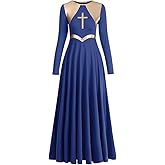 Women Metallic Cross Liturgical Praise Dance Dress Lyrical Dancewear Color Block Full Length Robe Worship Costume