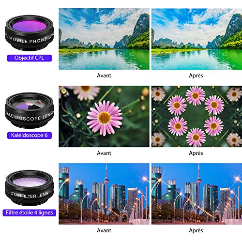 Merisny Kit Objectif Smartphone, 10 en 1 kit Objectif Universel, Fisheye, Macro, Wide Angle, Kaléidoscope, Flux, Star…