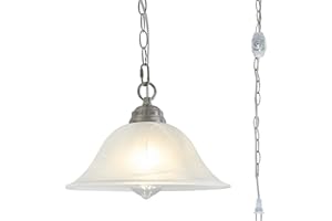 SHENGQINGTOP Plug in Pendant Light Alabaster Glass Shade Hanging Lamp with On/Off Switch,16.4Ft Cord & 14.7Ft Chain Dimmable Brushed Nickel Swag Light Fixture for Kitchen Sink Bar Nook Farmhouse