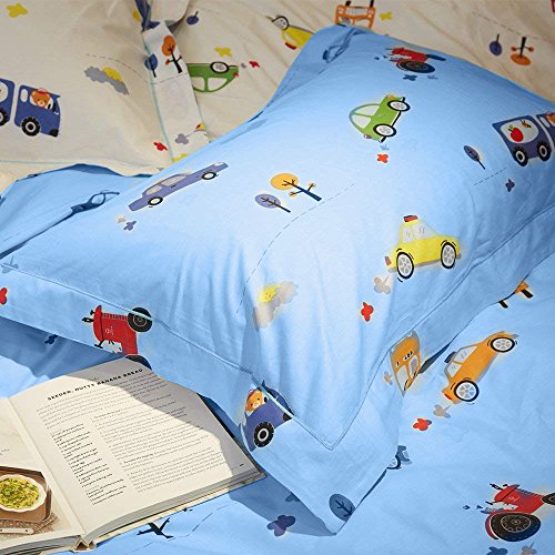 BuLuTu Cartoon Sports Cars Print Boys Duvet Cover Queen Cotton Blue Darker White,Red Yellow Green Trucks Transport Vehicles Reversible Kids Bedding Sets Full Teen Comforter Cover,No Comforter - Thumbnail 5