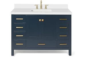 ARIEL 49" Midnight Blue Bathroom Vanity with 1.5" Edge Pure White Quartz Countertop & Backsplash, Center Rectangular Sink, 2 Soft Closing Doors, 9 Full Extension Dovetail Drawers, Satin Brass