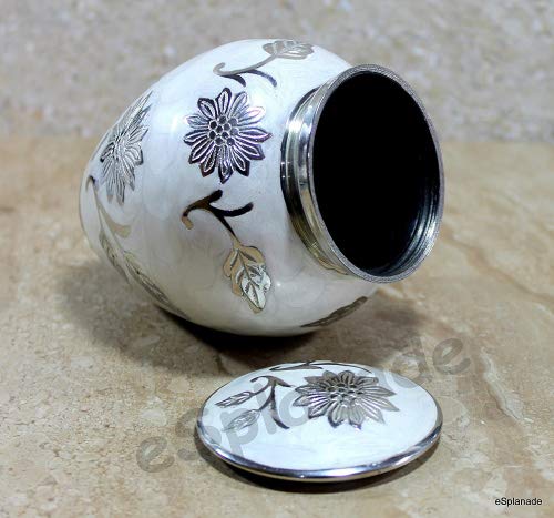 eSplanade Mother of Pearl Brass Cremation urn Memorials urns Container Jar Pot | Brass Urns | Metal Urn | Burial Urn | Memorial Urn (White)