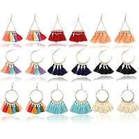 MOAUGYO 9 Pairs Tassel Hoop Earrings Bohemia Fan Shape Drop Earrings for Women Girls Fashion Jewelry Dress Accessory Valentine Birthday