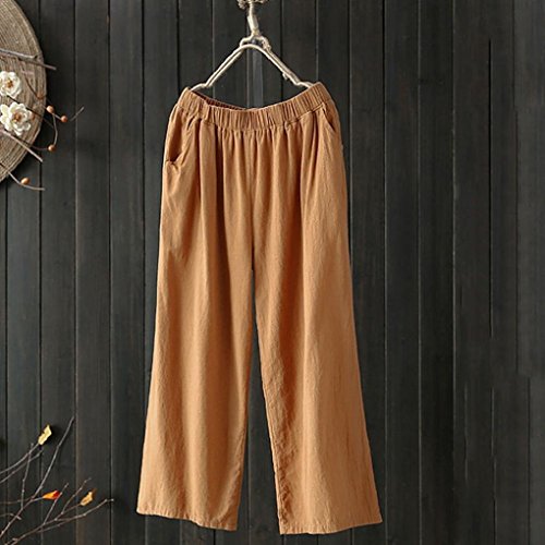 Pervobs Women Pants, Women Loose Palazzo Cotton Linen High Waist Elastic Waist Wide Leg Pants Trousers (2XL, Khaki)