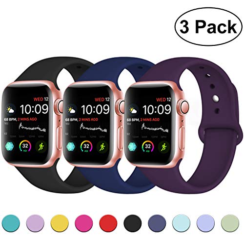 DaQin Bands Compatible with Apple Watch Band 42mm 44mm, Soft Silicone Sport Replacement Wristbands Strap for Apple iWatch Series 4, Series 3/2/1, Black/Blue/Purple, M/L