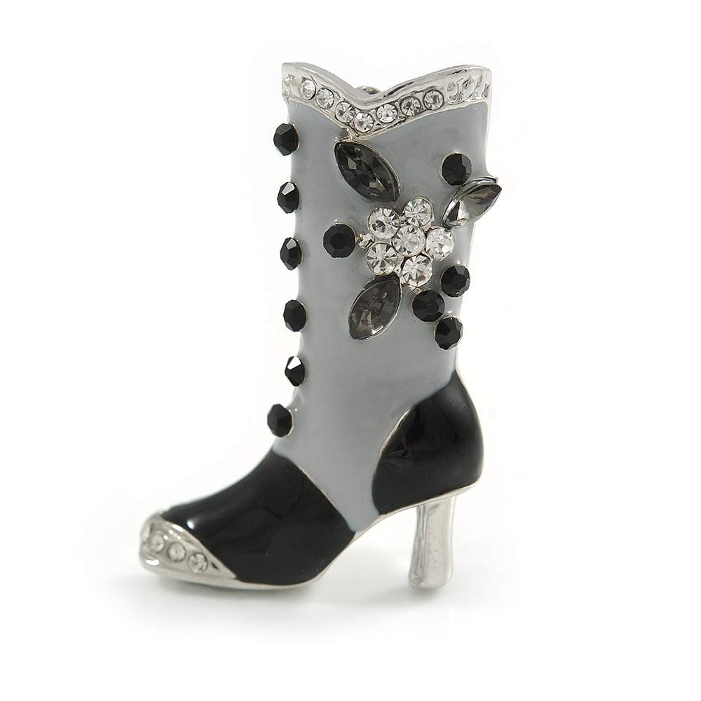 Stylish Grey/Black Enamel Crystal Boot Brooch In Rhodium Plated Alloy - 38mm Tall