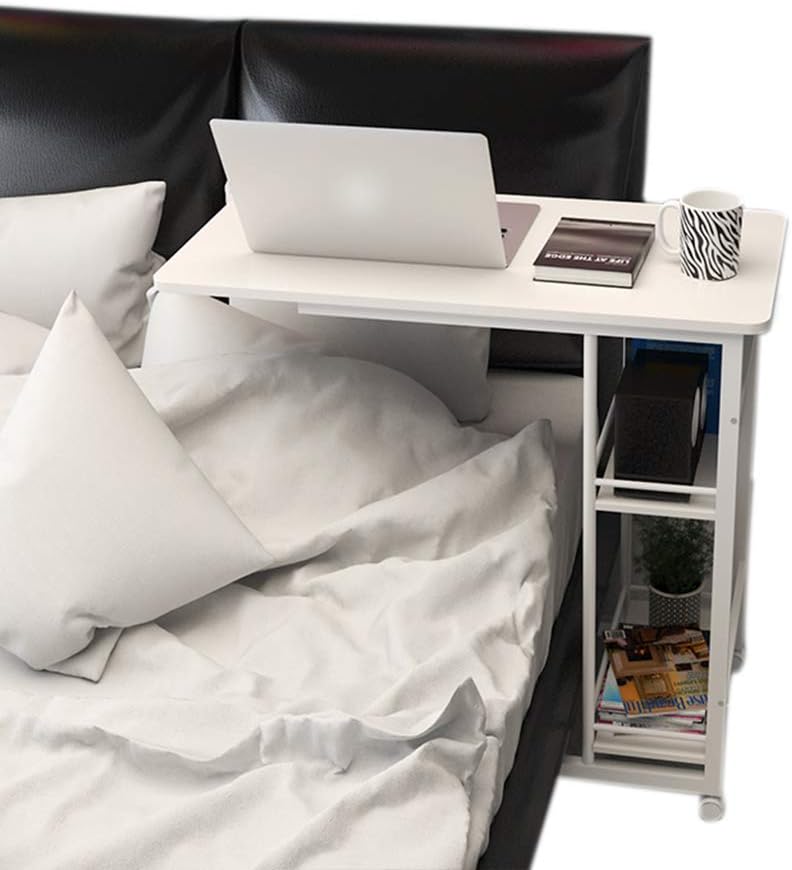 PLHMS Laptop Computer Desk, Lazy Bedside Table Overbed Table, Utility Mobile Rectangle Desktop Learning Conference Table, Eating Breakfast Cart Stand,White