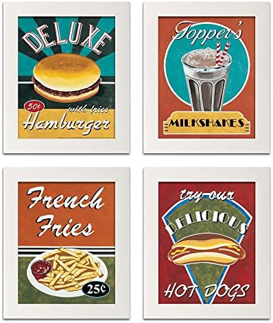 Gango Editions Retro Hot Dogs, French Fries, Milkshakes, Hamburgers; Bright & Fun Set of Four 8 by 10-Inch Framed Fine Art Prints; Ready to Hang! Orange/Yellow/Teal