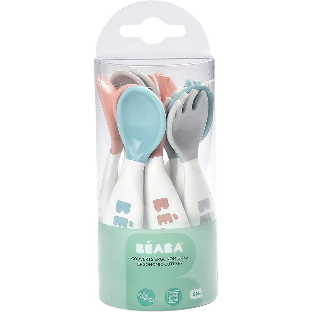 Béaba Ergonomic First Cutlery Set, Set of 6 Spoons & 4 Forks, Short rounded handle, Easy grip for baby, Suitable for right- and left-handed use, Grey/Blue/Pink