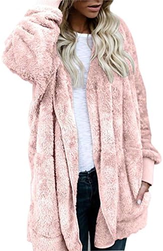 SVALIY Womens Fuzzy Fleece Loose Open Front Hooded Cardigan Coats Outwear Pockets