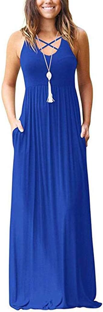 Women's Sleeveless Racerback Loose Plain Maxi Dresses Casual Long Dresses with Pockets