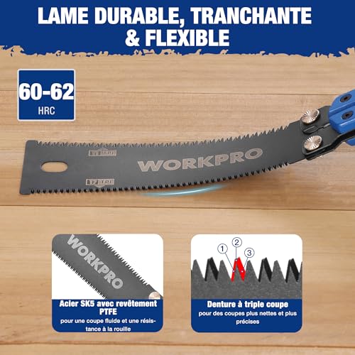 WORKPRO Japanese Folding Saw 310mm, Double Sided Pulling Saw 11/17 TPI | SK5 Flexible Steel Blade, Beech Wood Non-Slip Handle, Precise Wood Saw for Carpentry, Gardening and Camping