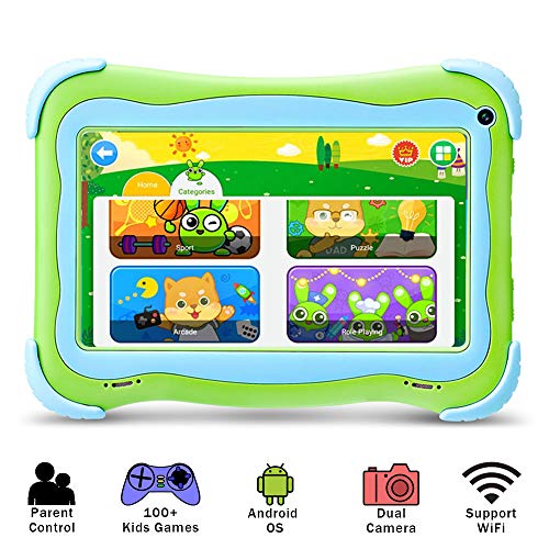 YUNTAB Kids 7 inch Tablet – 2019 Upgrade, Android 8.1 OS, Pre-Installed Kids Games, 1GB RAM 16 GB ROM, Premium Parent Control, GMS Certified, A50 Cortex-A7 Quad Core CPU, Protecting Angles (Q91 Green)