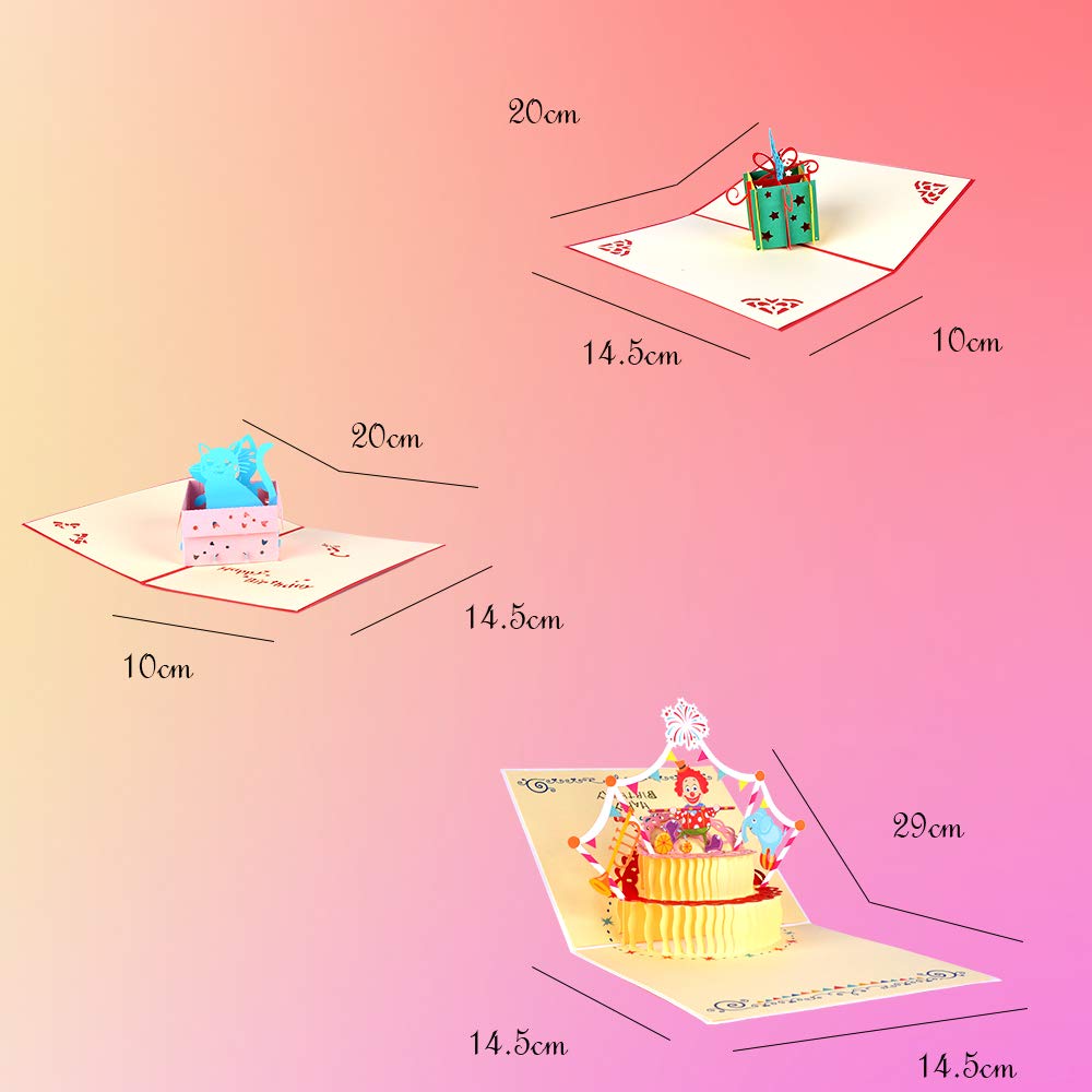 Racksoy 3D Geburtstagskarten 3 Stücke Pop Up Karten Katzenkarte| Geschenkkarte| Clown-Karte zum Kindergeburtstag- wünderbare Glückwünschkarte für Geburtstagsgrüße