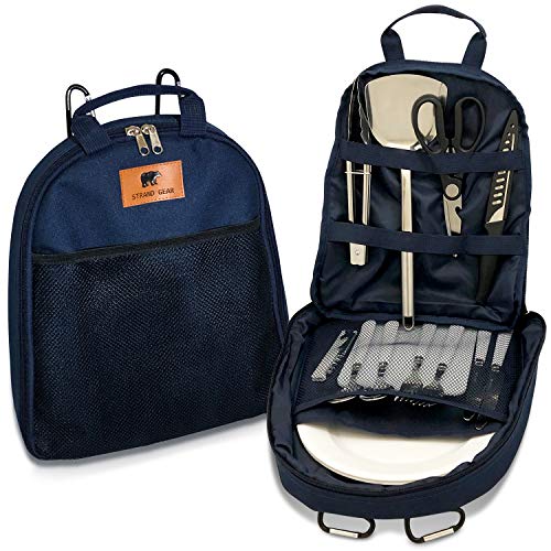 Strand Gear 16-Piece Portable Camping Utensils & Dishes Set – Portable BBQ, Outdoor Camping and Picnic Caddy for Plates and Utensils, Water Resistant Case, Enamelware Plates & Stainless Steel Utensils