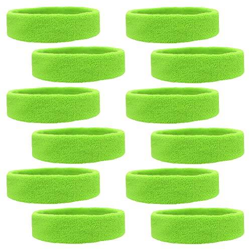 Kenz Laurenz 12 Sweatbands Cotton Sports Headbands Terry Cloth Moisture Wicking Athletic Basketball Headband (12 Pack - Neon Green)