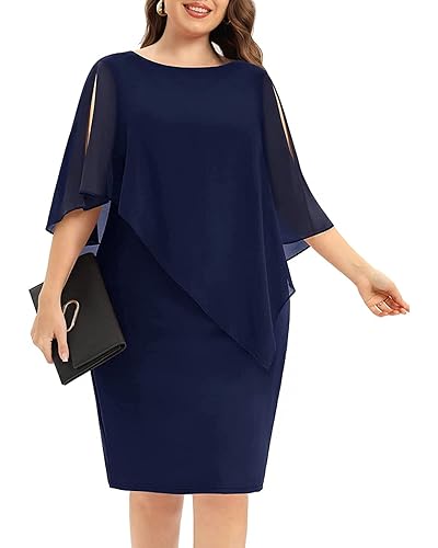 Pinup Fashion Navy Blue Dress for Women Plus Size Cape Cocktail Wedding  Guest Elegant Evening Party Semi Formal Midi Dress Bodycon in Oman Whizz 