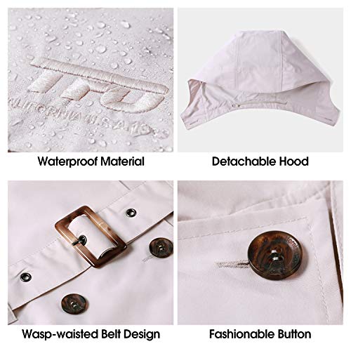 TFO Womens Hooded Double-Breasted Trench Coat Outdoor Lightweight Rain Jackets with Belt(Khaki, M)
