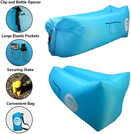 Leisure Co Inflatable Lounger Lazy Bag Hangout Sofa with Bottle Opener, Elastic Pockets and Bottle Opener | Great for Camping, Festivals, Floating, Parks and the Beach (Sky Blue)