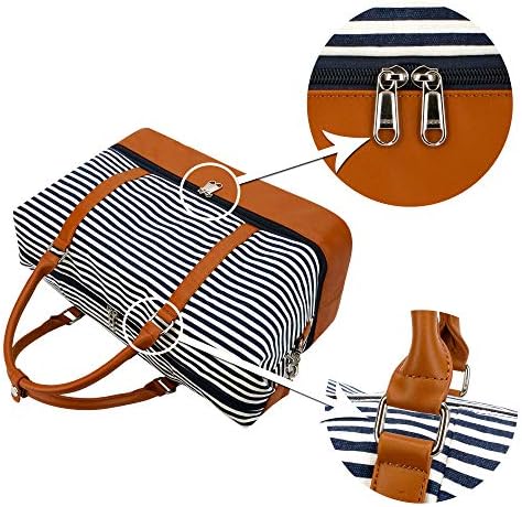 Weekender Bag Carry on Overnight Duffel for Women, Carrying Weedkend Travel Bags for Ladies, Large Canvas& PU Leather with Shoe Compartment Duffle (Black White Strips) 2 Weekender Bag Carry on Overnight Duffel for Women, Carrying Weedkend Travel Bags for Ladies, Large Canvas& PU Leather with Shoe Compartment Duffle (Black White Strips)