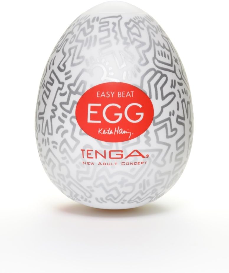 TENGA Keith Haring Party Egg Masturbator, White/Chrome, One Size, Silver, Super Stretch (Starting Length 5cm, Width 4.5cm)