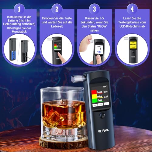 VEIPAO Portable Breathalyzer Certified Alcohol Test: Professional Italian Alcohol Test with 11 Mouthpieces – Breathalyzer with Digital LCD Screen High Accuracy for Personal Use Home Test, Black