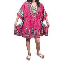 Womens Hippie Caftans Pink Dashiki African Tribal printed V-neck beach Dress One Size