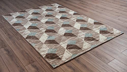 Modern Cream Blue Brown Multi Squared Designed Rugs for a Living Room Geometrical Design Extra Soft with 11mm Pile Height (120x170cm (4'x5'6))