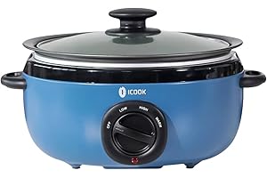 ICOOK USC-65-OP001BL 6.5 Quart Slow Cooker,Aluminium Sear/Sauté Stew Pot Stovetop safe,Dishwasher Safe,Glass Lid,Adjustable Temp,Food Warmer(Blue)