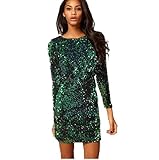 FUYI Women's O Neck Long Sleeve Sequins Sparkle Fitted Cocktail Club Party Dress Size L Green