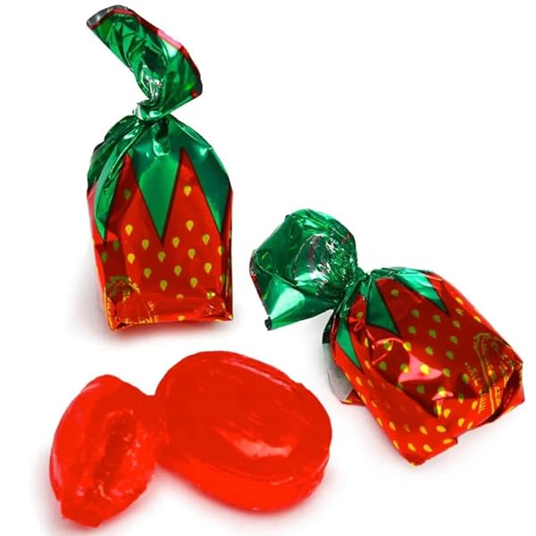 STRAWBERRY FILLED BUTTONS – RED HARD CANDY SHELL WITH SOFT CENTER – 1 LB BAG – NOSTALGIC WRAPPED TREATS – FRUITY BITES