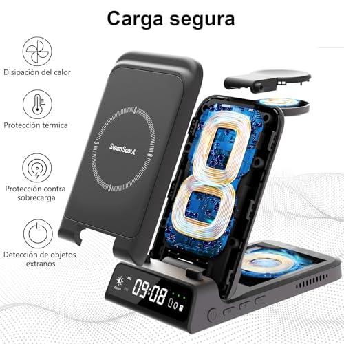 SwanScout Estación de Carga para Samsung S26 Ultra, Cargador Inalámbrico 3 en 1 para Galaxy S26+/S25/S24/S23/Note 20/Z Flip/Z Fold, Galaxy Watch Ultra/8/7/6/5/FE, Galaxy Buds3 (Sin Adaptador) (Negro)