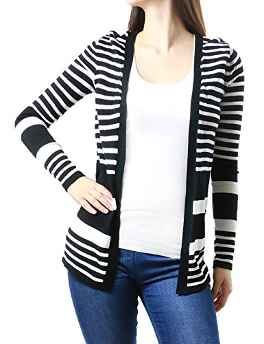 Ladies Multi-Colored Horizantal Print Striped Womens Fashion Cardigan (MEDIUM, BLACK-S17056) Ladies Multi-Colored Horizantal Print Striped Womens Fashion Cardigan (MEDIUM, BLACK-S17056)