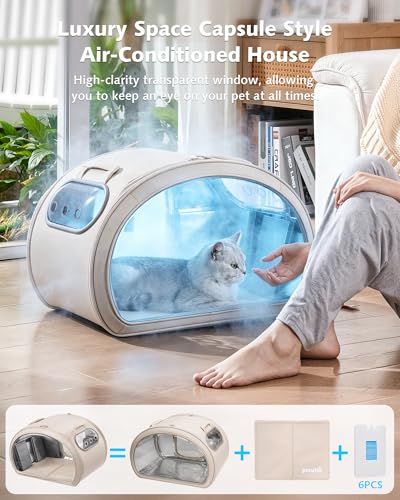 Pecute Casa Refrigerante para Gatos y Perros Pequeños, Caseta Fresca con 6 Cajas de Gel Reutilizables, Alfombrilla Refrigerante, Ventana Transparente Plegable, Tamaño M <6kg para Interior, Beige.