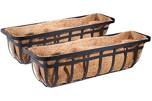 BestNest 2-Pack Panacea 88558 Flat Iron Series Planter Boxes, 36" – Black Metal Window Box Planters with Coco Liners – Durable Wall or Fence Mount Trough Planters for Flowers, Herbs & Outdoor Décor
