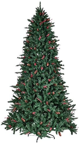 8FT Artificial Christmas Tree With Pine Cones Red Berries 2528 PCS PVC Tips Pre-Attached Hinged Branches Foldable Metal Tree Stand Indoor Outdoor Holiday Season Décor Fresh Look Festive Atmosphere