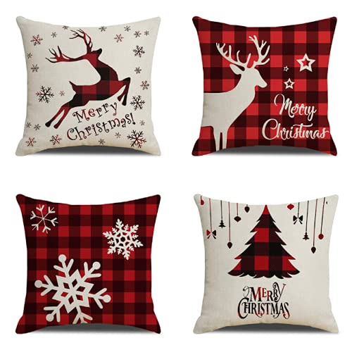 Jantabo 4 Pack Christmas Cushions Covers, Xmas Tree Reindeer Pillow Covers Cotton Linen Sofa Throw Pillow Cases, for Living Room Sofa Couch Bed Pillow Cases Home Decoration (17" X 17")