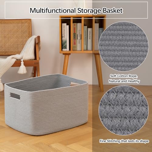 OIAHOMY XXLarge Rectangle Blanket Basket-96L, Cotton Woven Basket for Storage, Dirty Clothes Basket for Living Room, Nursery, Bedroom, Toy Organizing with Handle, 24" x 16" x 15", Grey