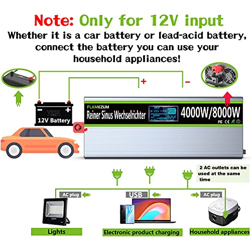 4000W/8000W Power Inverter 12 V 220 V Pure Wave Voltage Transformer Converter Voltage Inverter - 2 EU Socket with USB Output Remote Control Suitable for Refrigerators, Electric Saw