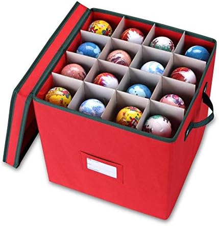 Holiday Décor Storage - Primode Christmas Ornament Storage Box Organizer, 4 Layers with Dividers, Fits up to 64 Ornaments Balls, Holiday Decorations Accessories Storage Container, Constructed of Durable 600D Oxford Material (Red)