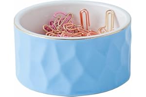 YOSCO Paper Clip Holder Ceramic Round Paper Clips Dispenser for Desk Cute,Gold Line Office Binder Clips Dispenser Organizer (Blue)