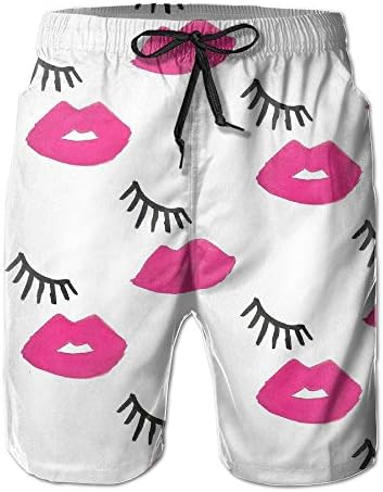 Lalamin Men Quick Dry Beach ShortsMen's Pink Lips and Eyelash Swimming Trunk With Pockets