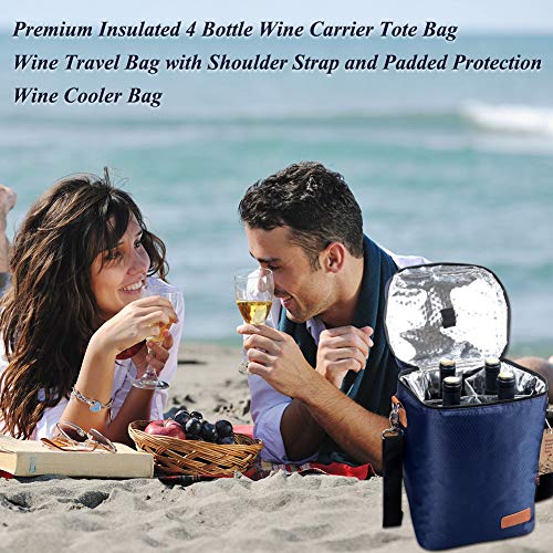 Collapsible Wine Totes Travel Carrier & Cooler Bag with Shoulder Strap, 4 Bottle Picnic Cooler Bag with Insulated Neoprene Leakproof Liner,Water Drinks Beer Picnic Lunch Bag for Grocery,Camping (Navy) - Thumbnail 6