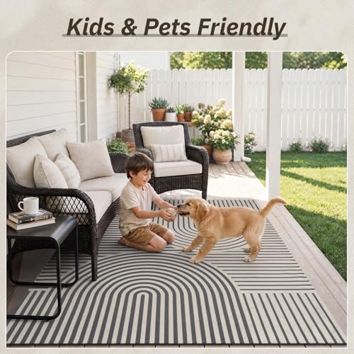 Engiw-Outdoor Rug-Patio Rug 9x12 Textured Weave Machine Washable Quick Dry Outdoor Carpet Braided Boho Non Slip Indoor Outdoor Rug for Deck Porch Balcony Backyard Blackish Grey
