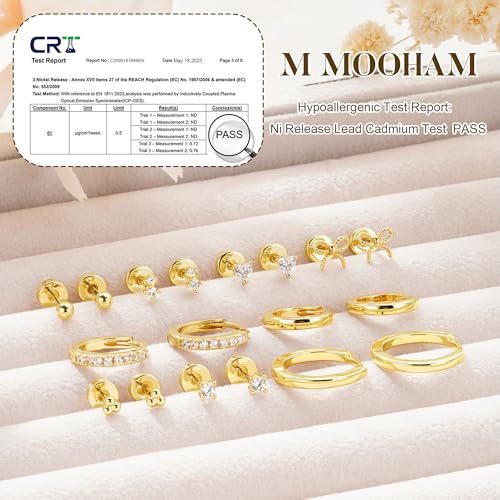 M MOOHAM 9 Pairs Flat Back Earring Stack Set for Women Teen Girls | Hypoallergenic Earrings, 14K Gold Plated Huggie Hoop Stud Earring, Small Cute Bow Cartilage Earrings, Trendy Jewelry Gifts