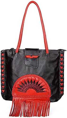 JOZEN Cowhide Handmade Shoulder Bag Top handle Bag For Women (Black/Orange 6637#)